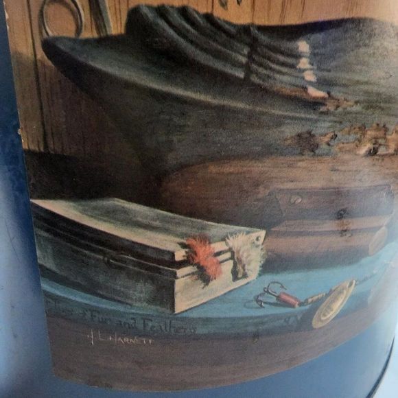 Vintage Plymouth Trash Can Waste Basket Duck Fly Fishing Mens Office Study MCM - Picture 9 of 10